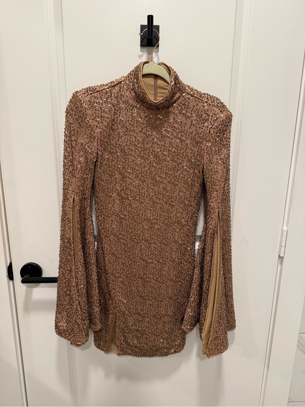 Sequin-Embellished Long Sleeve High-Neck Dress in Nude